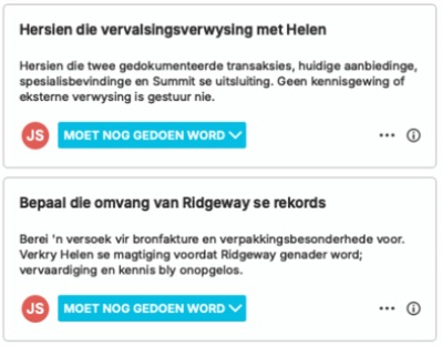 Die werklike nQuest-taakpaneel wys twee hangende take wat aan die handelsmerkondersoeker toegewys is: hersien die verwysing oor vervalste produkte saam met die handelsmerk se hoof van kliënte-ervaring, en kom ooreen oor die omvang vir Ridgeway se stroomoprekords. Elke taak bevat sy volgende aksie en ’n Moet nog gedoen word-status.
