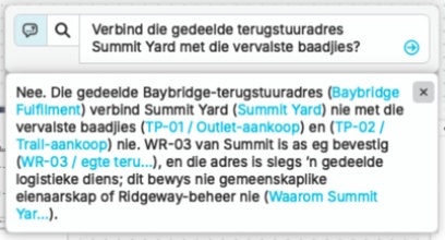 Die handelsmerkondersoeker vra nQuest of die gedeelde terugstuuradres Summit Yard met die vervalste baadjies verbind. Die werklike antwoord verduidelik dat Baybridge verskeie handelaars bedien en dat die adres onvoldoende is om daardie verband vas te stel. Blou verwysings maak die ondersteunende saakrekords oop.