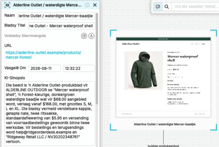 Die gestoorde Alderline Outlet-aanbod wat in nQuest gekies is, met sy bron-URL, tyd van insameling en KI-sinopsis oop langs die vasgelegde groenbaadjielysing en sy saakverbindings.