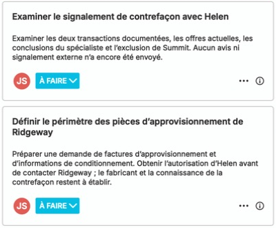 Le panneau des tâches de nQuest affiche deux tâches en attente attribuées à l’enquêtrice spécialisée dans les marques : examiner le signalement de contrefaçon avec la responsable de l’expérience client de la marque et définir le périmètre des documents en amont de Ridgeway. Chaque tâche indique sa prochaine étape et présente le statut À faire.