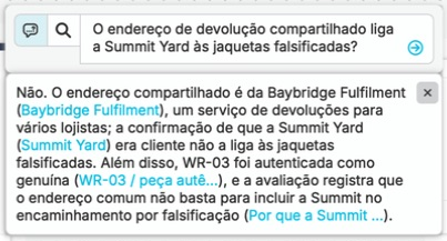 A investigadora de marcas pergunta ao nQuest se o endereço de devolução compartilhado conecta a Summit Yard às jaquetas falsificadas. A resposta explica que a Baybridge atende vários comerciantes e que o endereço não é suficiente para comprovar essa conexão. Referências em azul abrem os registros de apoio do caso.
