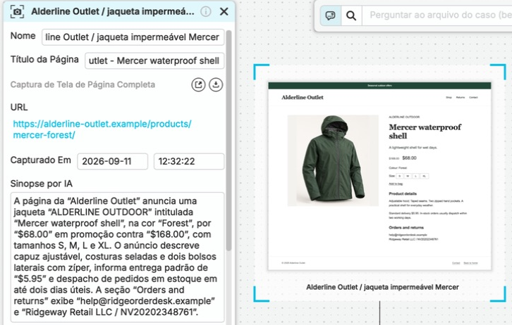 A oferta salva da Alderline Outlet selecionada no nQuest, com sua URL de origem, horário da coleta e sinopse por IA abertos ao lado do anúncio capturado da jaqueta verde e das conexões com o caso.