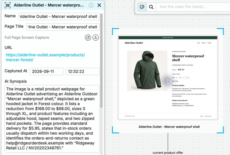 The saved Alderline Outlet offer selected in nQuest, with its source URL, collection time, and AI synopsis open beside the captured green jacket listing and its case connections.