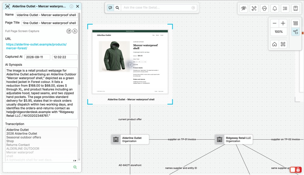 The saved Alderline Outlet offer selected in nQuest, with its source URL, collection time, and AI synopsis open beside the captured green jacket listing and its case connections.