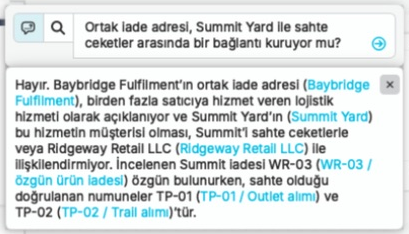 Marka araştırmacısı, ortak iade adresinin Summit Yard'ı sahte ceketlerle ilişkilendirip ilişkilendirmediğini nQuest'e sorar. Gerçek yanıt, Baybridge'in birden çok satıcıya hizmet verdiğini ve adresin bu bağlantıyı ortaya koymak için yeterli olmadığını açıklar. Mavi referanslar, destekleyici vaka kayıtlarını açar.
