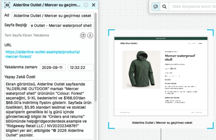 nQuest'te seçili olan Alderline Outlet teklifi; kaynak URL'si, toplanma zamanı ve Yapay Zekâ özeti, yakalanan yeşil ceket ilanının ve vaka bağlantılarının yanında açıktır.