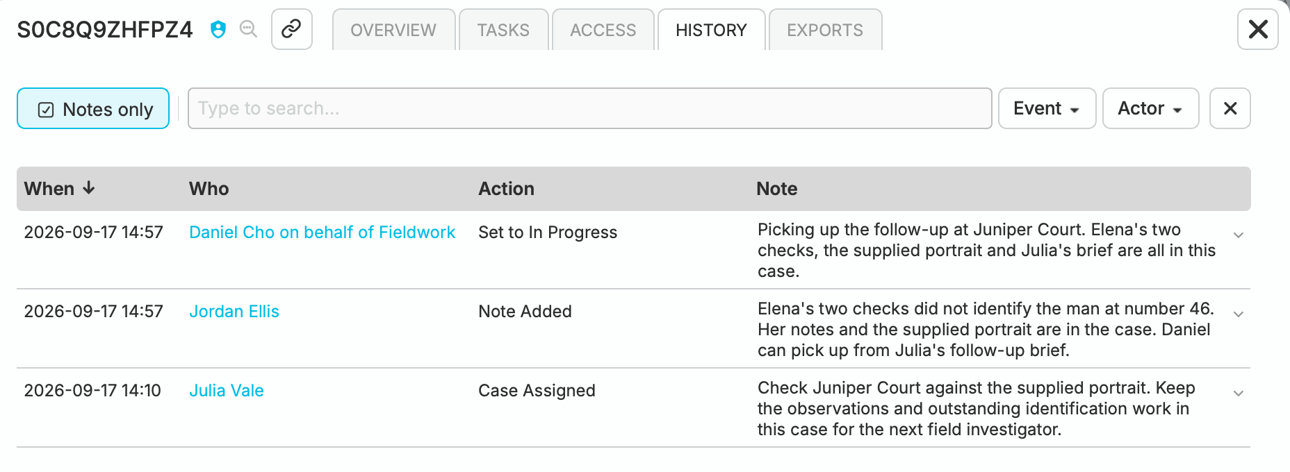 The case history retains Julia’s assignment, Jordan’s handoff note and Daniel’s pickup on behalf of Fieldwork. All three notes are expanded, and Daniel’s action is recorded as Set to In Progress.