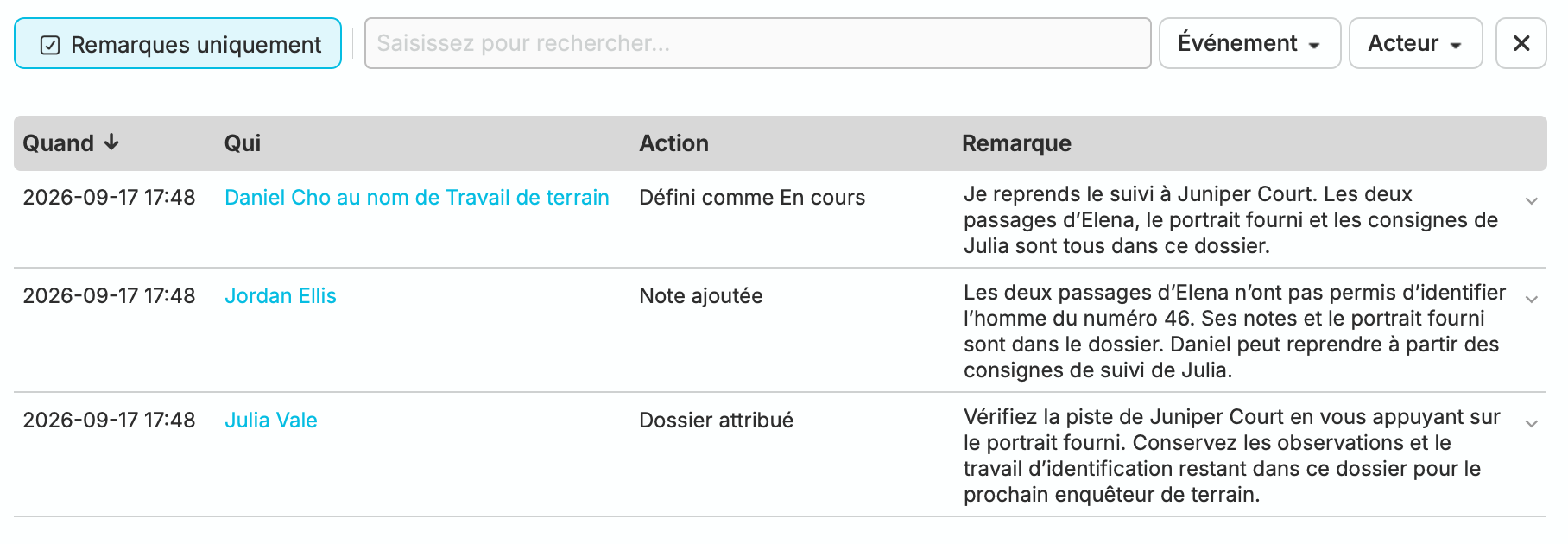 L’historique du dossier conserve l’attribution de Julia, la remarque de passation de Jordan et la reprise du travail par Daniel au nom de Fieldwork. Les trois remarques sont développées et l’action de Daniel est enregistrée comme Défini sur En cours.