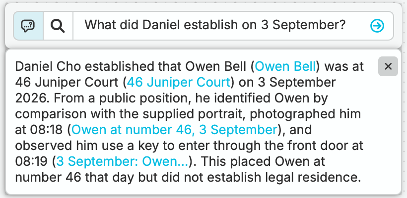 Julia asks what Daniel established on 3 September. nQuest describes the identification, photograph and observed key use and entry, with references to the case records.