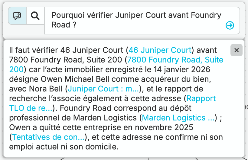 Julia demande pourquoi Juniper Court doit être vérifiée avant Foundry Road. La réponse complète de nQuest identifie la piste résidentielle, distingue le dépôt de Marden et renvoie vers les documents justificatifs.