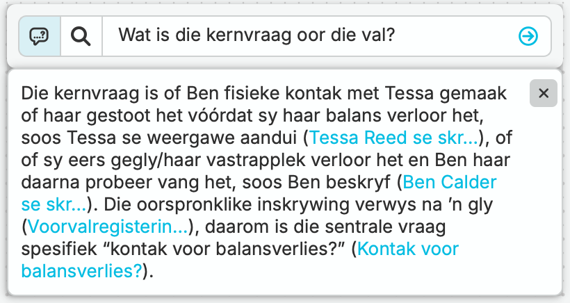 Leah vra nQuest waar die weergawes verskil. Die antwoord vergelyk Tessa se bewering dat sy gestoot is met Ben se weergawe van ’n poging om te help, met verwysings na die saakrekords.