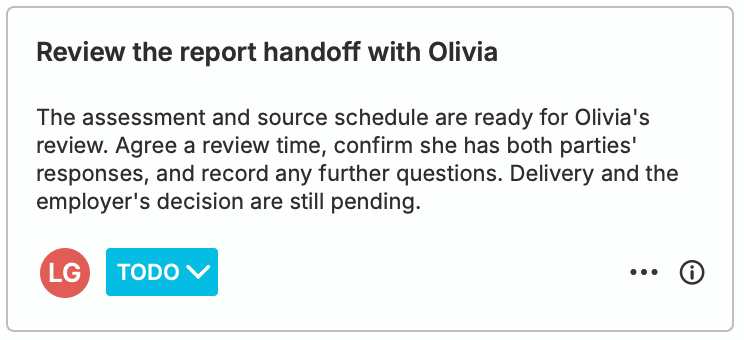 A nQuest Todo card assigned to Leah: review the report handoff with Olivia, confirm she has both parties’ responses and record further questions.
