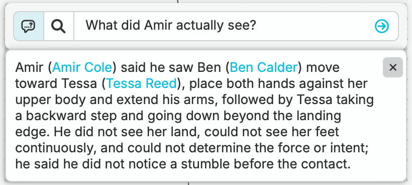 Leah asks, “What did Amir actually see?” nQuest describes contact and arm extension before Tessa’s backward step, alongside the gaps in Amir’s view.