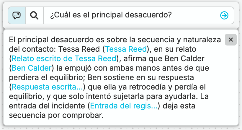 Leah pregunta a nQuest en qué difieren las versiones. La respuesta compara la afirmación de Tessa de que recibió un empujón con la versión de Ben de que intentó ayudarla, con referencias a los registros del caso.