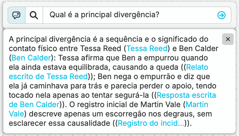 Leah pergunta ao nQuest em que os relatos divergem. A resposta compara a alegação de Tessa de que foi empurrada com o relato de Ben de que tentou ajudá-la, com referências aos registros do caso.