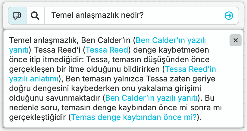 Leah, nQuest’e anlatımların hangi noktalarda çeliştiğini sorar. Yanıt, Tessa’nın itildiği iddiasını Ben’in yardım etmeye çalıştığı anlatımıyla karşılaştırır ve vaka kayıtlarına referans verir.