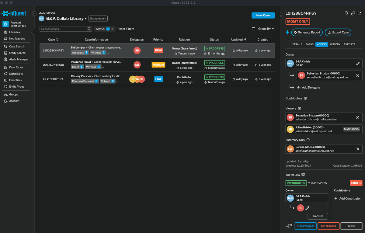 Screenshot of the nQuest platform showing case access panel