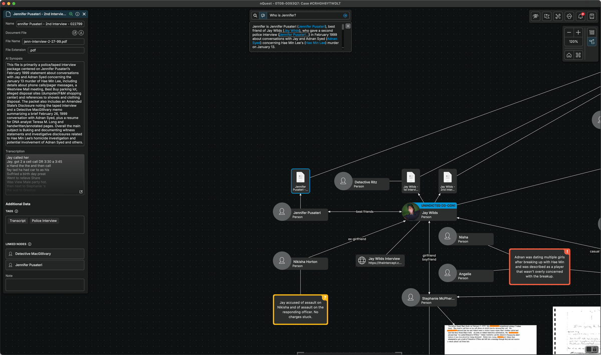 Natural-language query interface showing an investigator question and an AI-generated answer with cited evidence