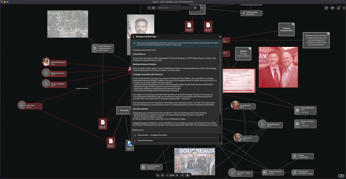 AI-generated case summary showing surveillance findings and evidence summary
