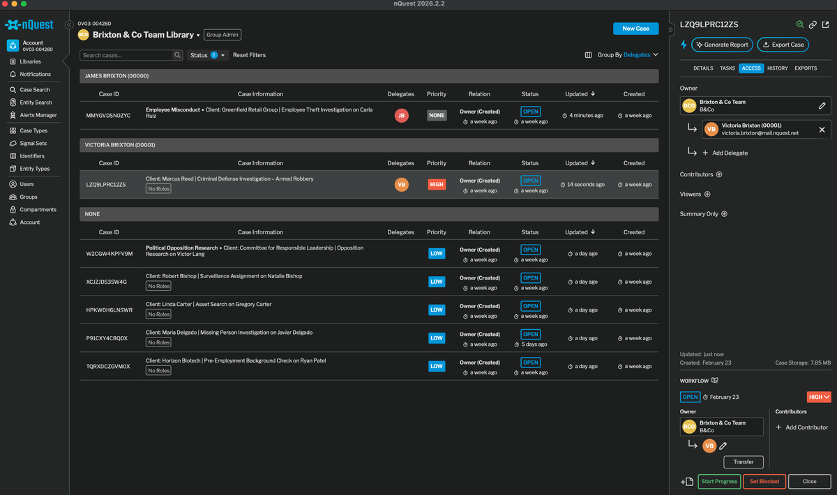 Screenshot of the nQuest platform showing a dashboard with cases and filters applied