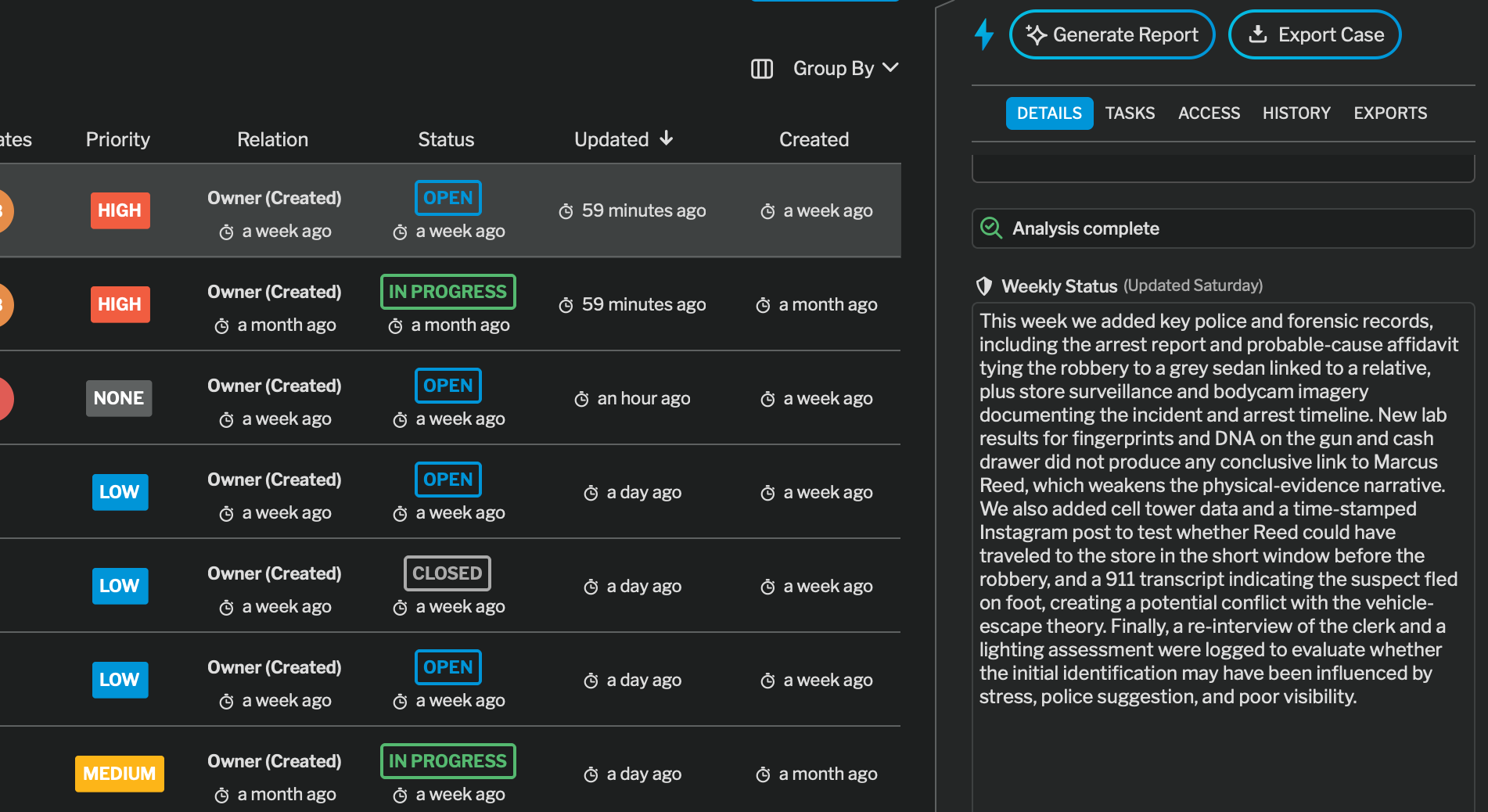 Skermskoot van die nQuest-platform wat geoutomatiseerde statusopdaterings wys