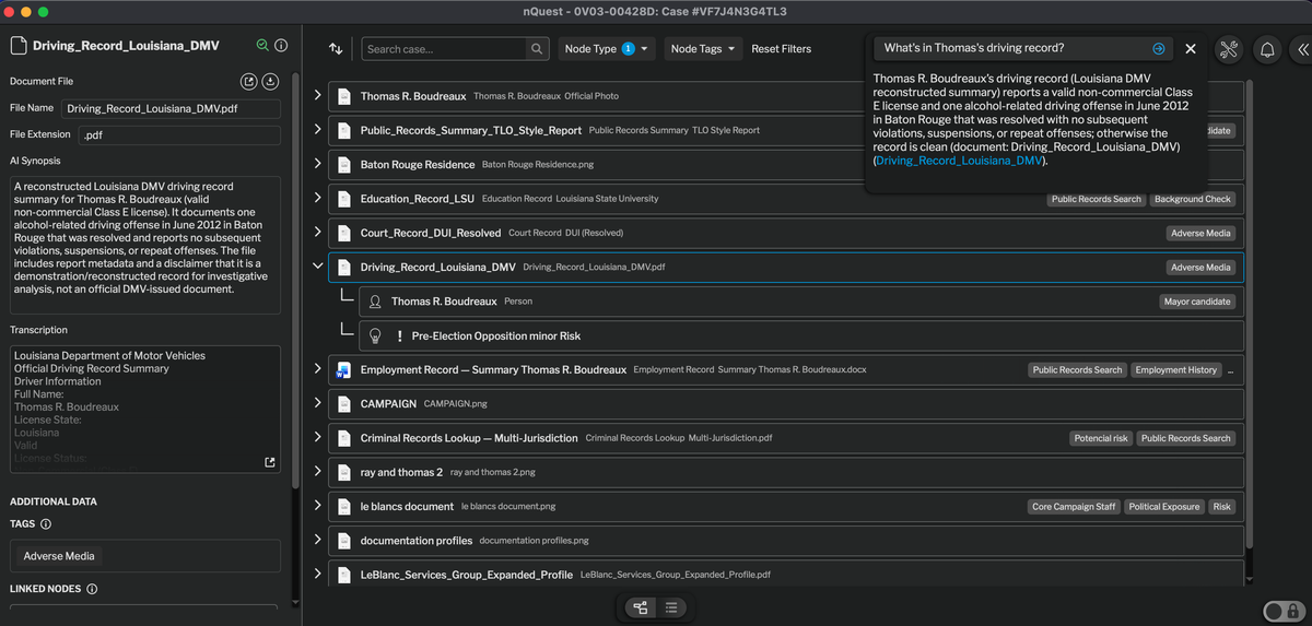 List view of a case showing tasks, evidence, and a natural-language question