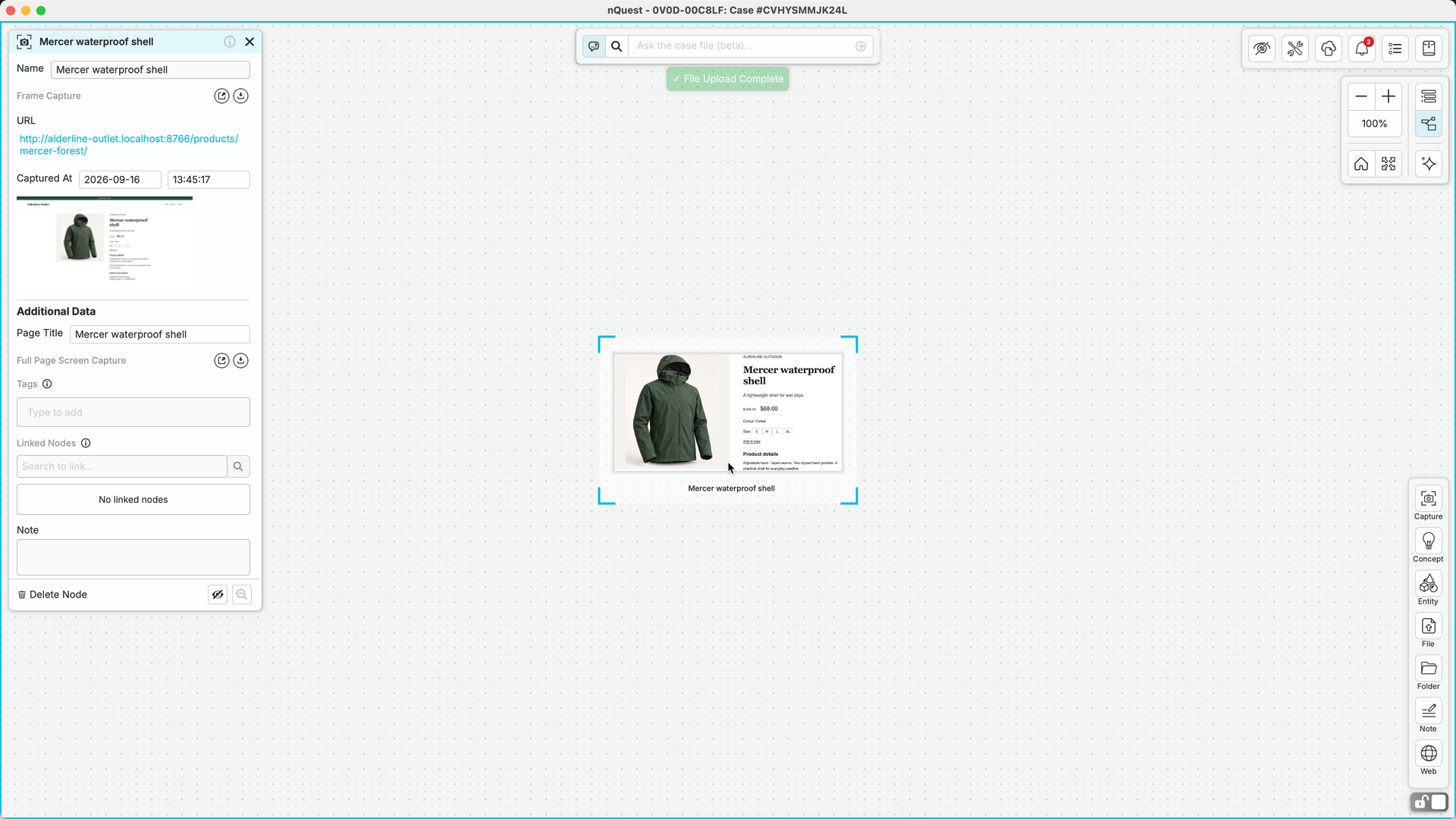 The Mercer waterproof shell frame as the only node in an otherwise empty nQuest graph, with the captured image selected, its source URL and collection time open, and File Upload Complete visible.