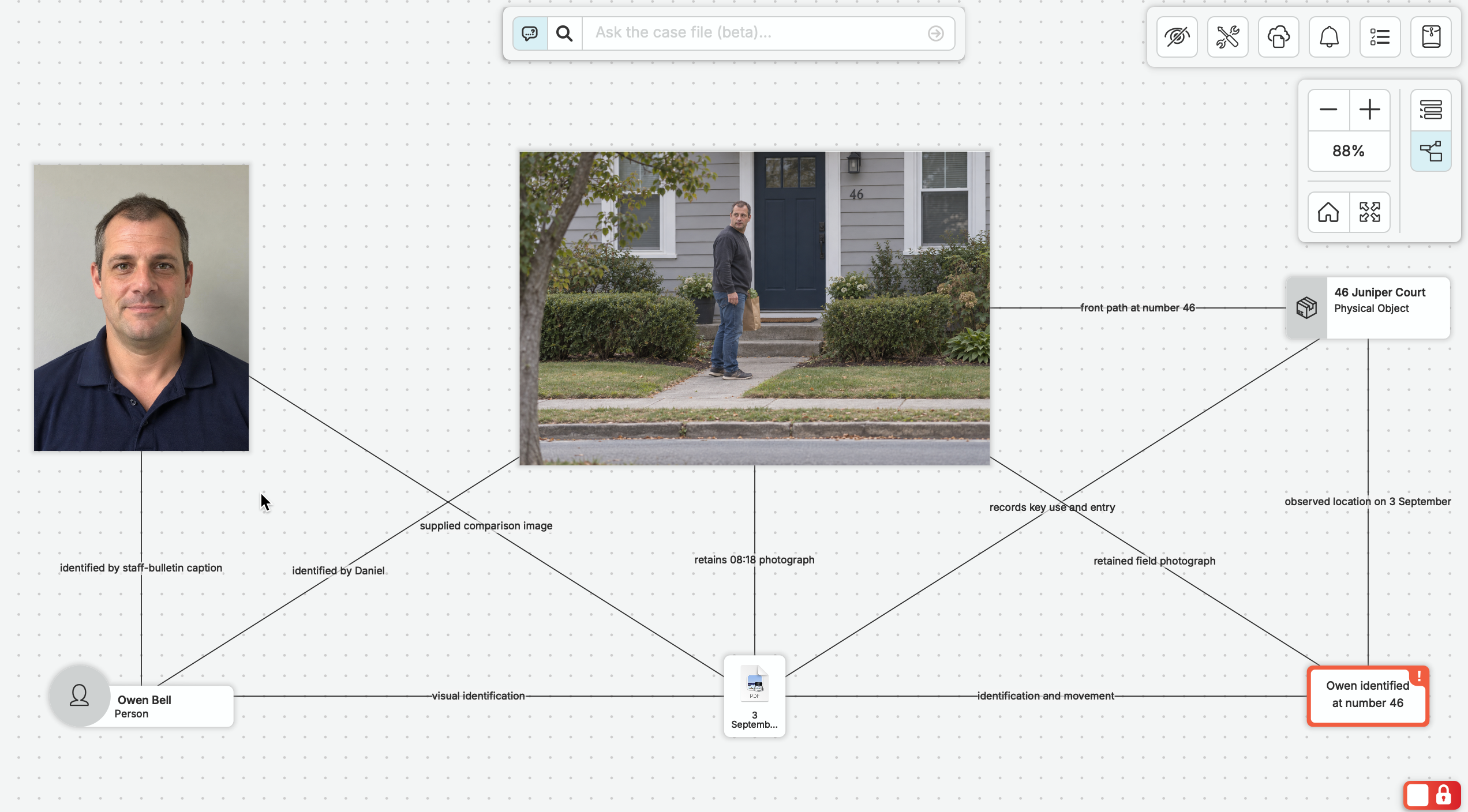 The native nQuest finding view places the older staff portrait beside Daniel’s field photograph at number 46. Connections lead to Owen, Juniper Court, the observation note and Julia’s location finding.